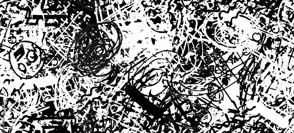 Grunge black and white. Abstract seamless background. The texture is repetitive. Template for printing on fabric, paper, wrapper. A chaotic backdrop of graffiti