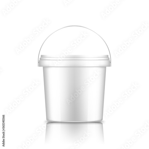 Bucket with handle mockup isolated on white background: ice cream, yoghurt, mayo, paint, or putty container. Plastic package design. Blank food or decor product template. 3d vector illustration