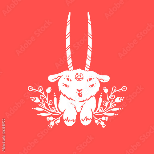 Cute baby Baphomet withy long horns and a pentagram. Modern vector illustration.
