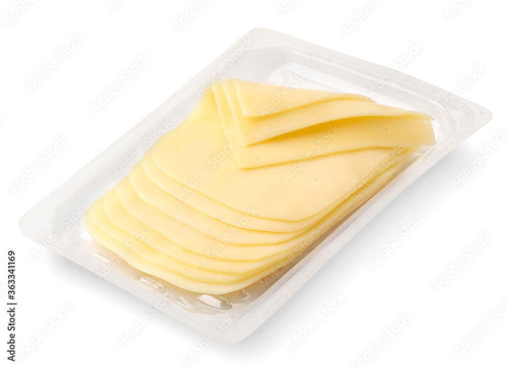 Slices of cheese in a transparent package on a white background. Isolated