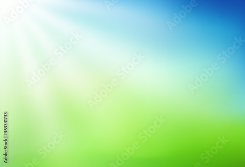 Nature blurred background. Abstract Green and blue gradient backdrop with sun rays. Ecology concept for your graphic design, banner or poster. Vector illustration