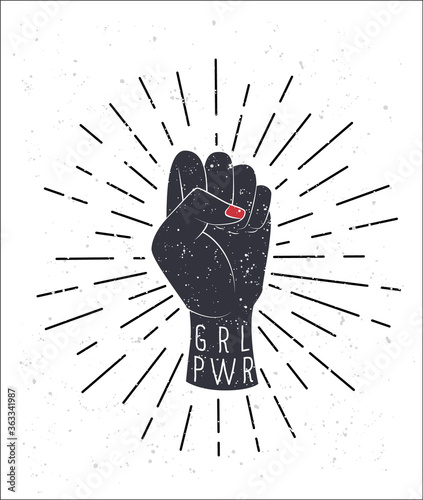 Girl power vector illustration in retro style. Woman's fist with GRL PWR.
