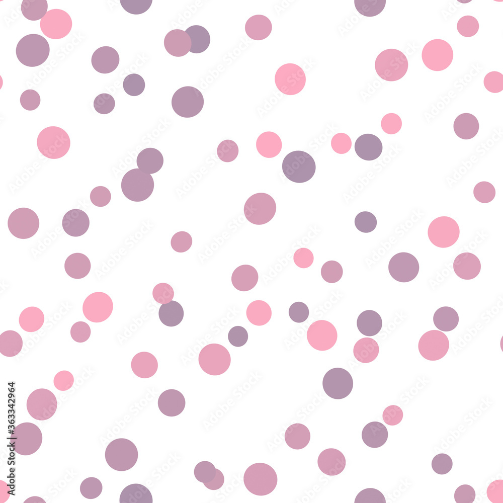 big scattered soft pink and purple circle confetti seamless pattern on a white background