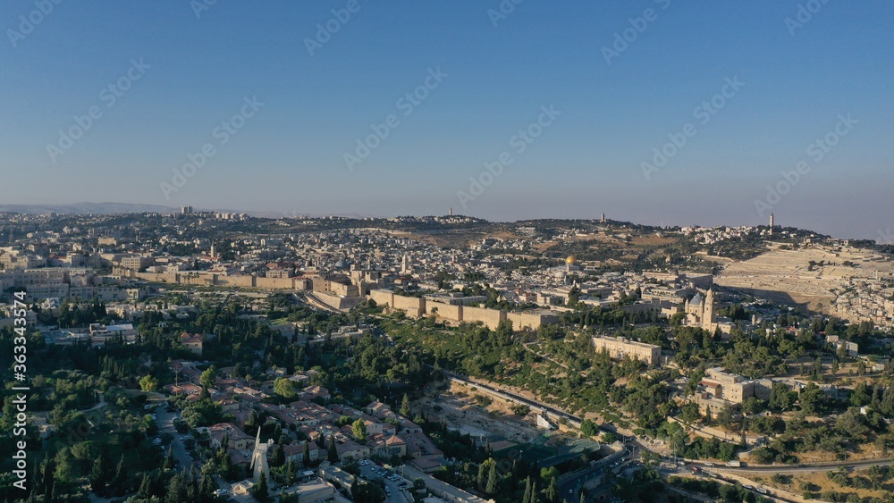 The old city of Jerusalem walls at sunset, aerial view
old city, Jerusalem, Montefiore Windmill,golden dome of the rock, drone
