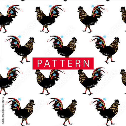 black colorful rooster seamless pattern
