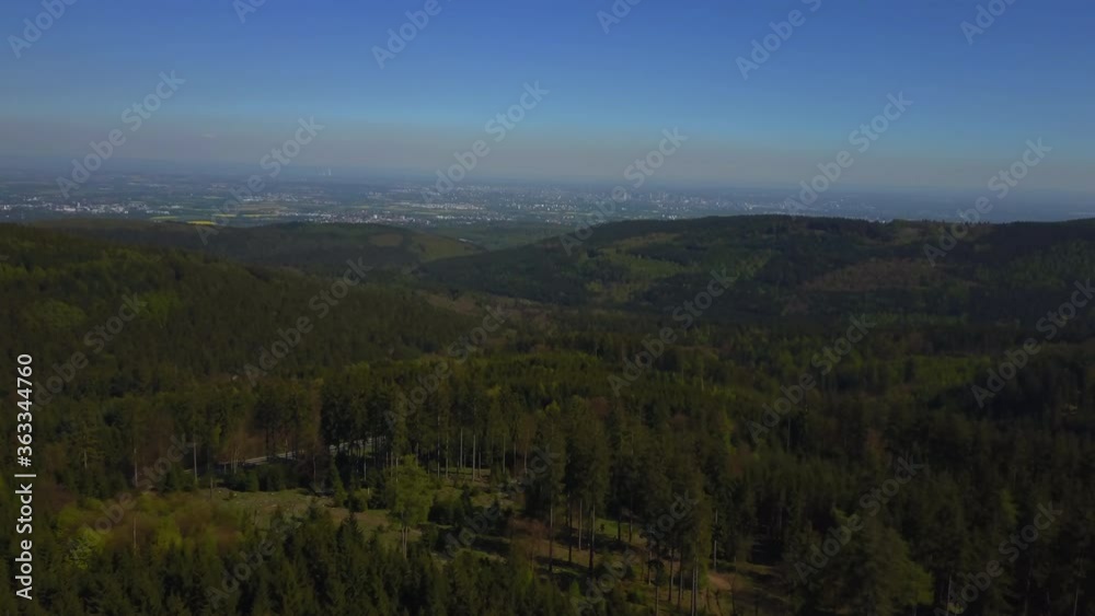 AERIAL: Flight over German forest with city in the back, Frankfurt, Germany, Sunshine AERIAL: Flight over German forest with city in the back, Frankfurt, Germany, Sunshine