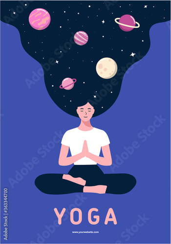 Woman sitting in lotus pose. International yoga day. Asana and meditate. Night starry sky and moon in hair. Space, Universal harmony. Banner, Poster. Flat design cartoon style. Vector illustration.