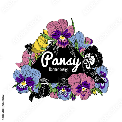 Hand drawn pansy flowers banner. Floral design element. Isolated on white background. Vector illustration.