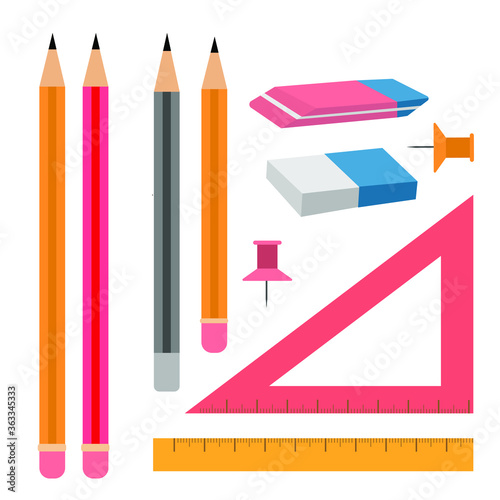 Set pencils with erasers and rulers on the white background