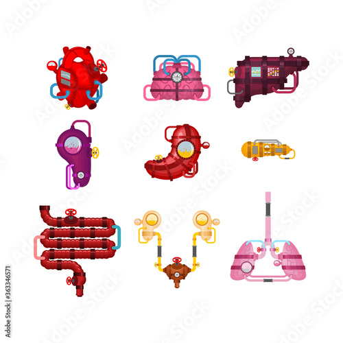 Metal Human anatomy organs set. Artificial organ. Cybernetics future. Robot Systems of man body. Robotic  Internal organs. Iron Cyborg Esophagus Organs systems body. medical systems.  
