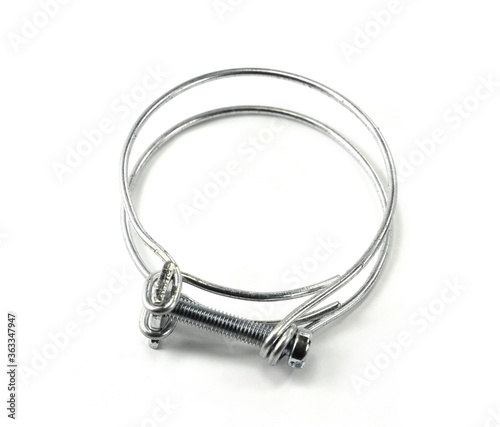 Steel clamps isolated on white background. Screw clamp. Hose clamps.