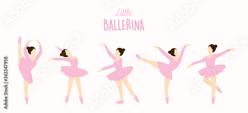 Dancing ballerina series. Beautiful set. Graceful pretty young woman pink tutu, Little ballet dancer background. Baby girl. Cartoon hand drawn doodle style. Isolated flat vector design illustration.