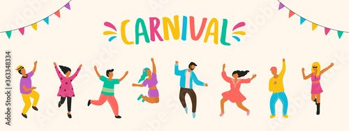 Carnival men and women in bright costume. Diverse group. Happy people set. Jumping dance, Different pose. Celebrating holiday. Banner, Poster. Trendy Hand drawn style. flat vector design illustration.