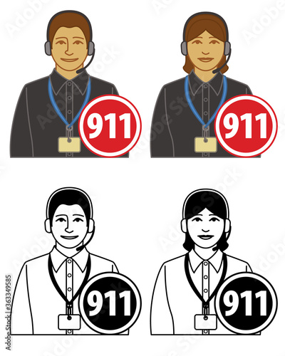set of 911 operator, dispatcher vector icons male and female, wearing headset with 911 sign, isolated on a white background