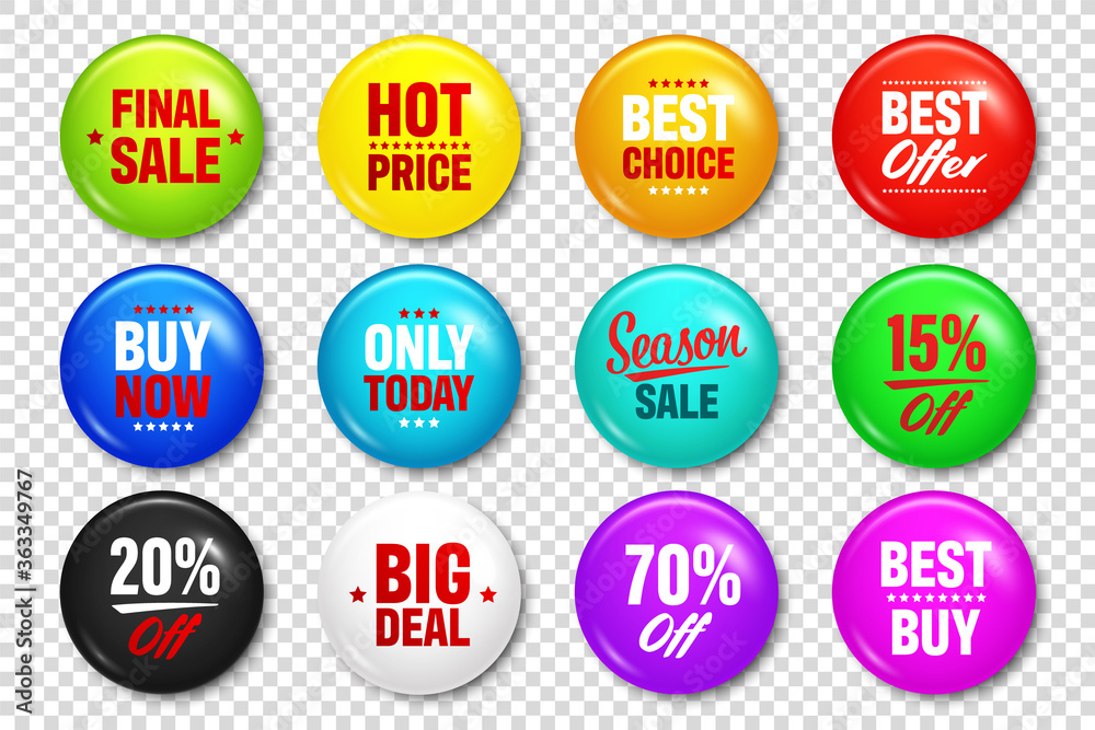 Realistic badges with text. Product promotion, sale. Special offer. Glossy round button. Pin badge mockup. Vector illustration. Realistic badges with text. Product promotion, sale. Special offer. Glossy round button. Pin badge mockup. Vector illustration.