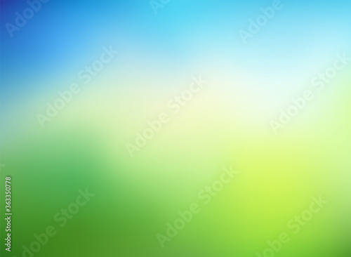 Abstract nature blurred background with sunlight. Green and blue gradient backdrop. Ecology concept for your graphic design, banner or poster. Vector illustration