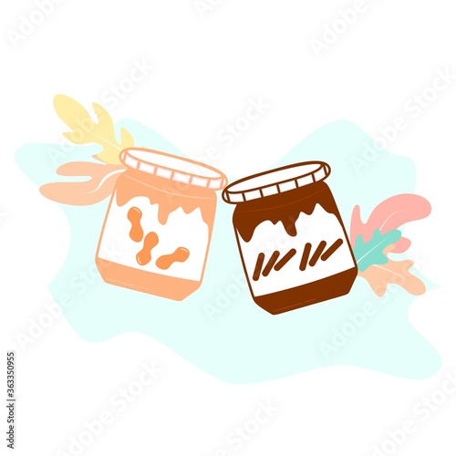Couple of jars with peanut butter and chocolate cream in flat style. Cupping glass of chocolate nuts cream. Flat vector art illustration icon chocolate and peanut.