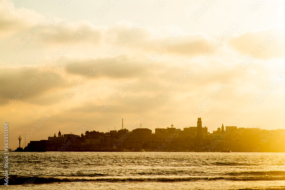 view of the historical part of the city of Acre, Israel, at pre-sunset time