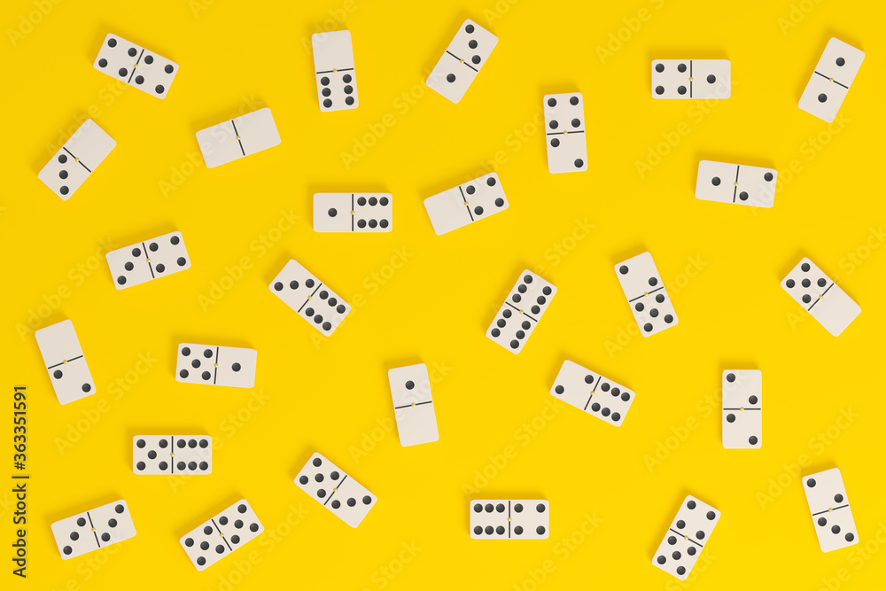 Top view of domino tiles on a yellow background. 3d illustration.