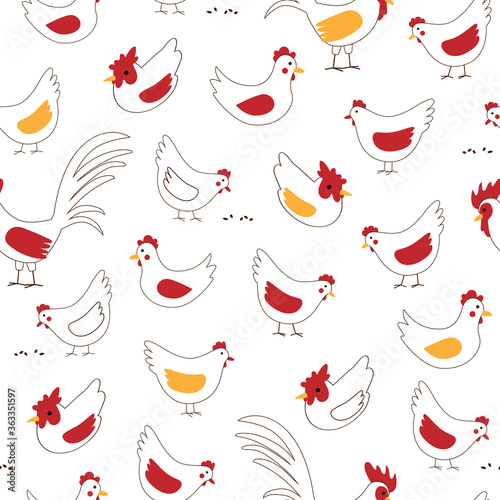 Cute seamless vector pattern with happy farm birds on meadow. Hand drawn poultry - hens, rooster and chickens isolated on white background. Cartoon animals for kids textile