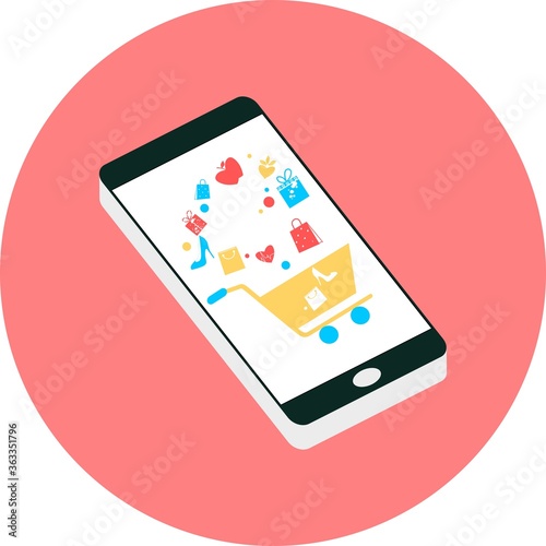 Global data sharing concept vector illustration using mobile smartphone to shopping online social network. Flat smart phone for digital marketing and shopping campaign in red circle icon.
