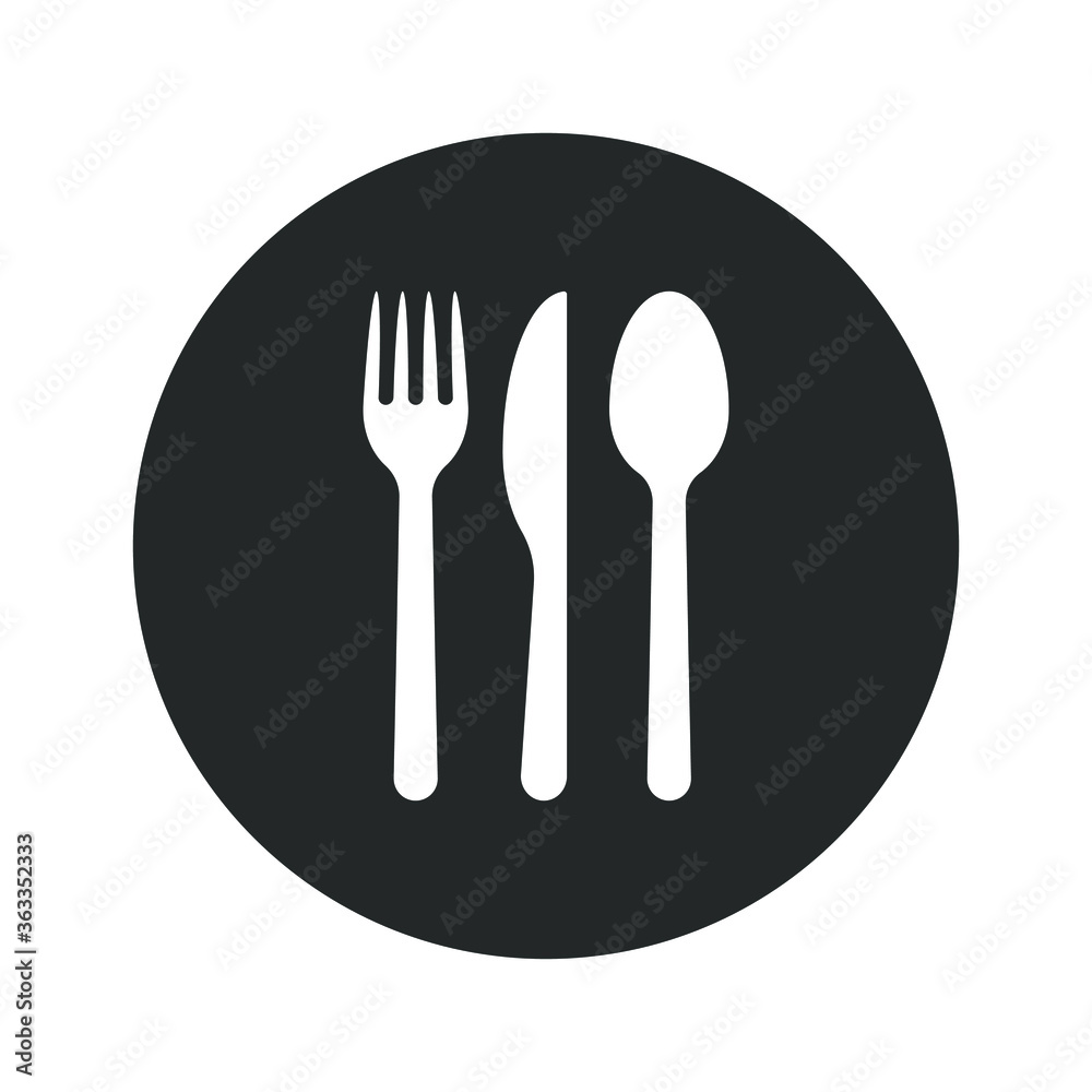 Fork knife and spoon icon. Round shape button logo. Simple flat restaurant or cafe place sign. Kitchen and diner menu symbol. Vector illustration image. Black silhouette isolated on white background. Fork knife and spoon icon. Round shape button logo. Simple flat restaurant or cafe place sign. Kitchen and diner menu symbol. Vector illustration image. Black silhouette isolated on white background.