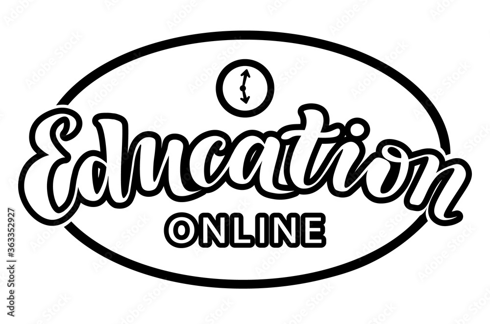 online education lettering text logo design; black and white colors; e-learning; handwritten font, study concept with calligraphy and clock icon