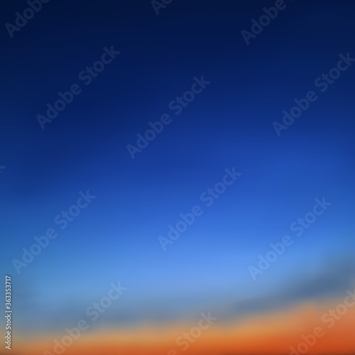 Beautiful natural background, bright sky, sunset. Gradient, transition from dark blue, sapphire to cornflower blue and orange, blur.