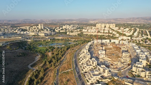 Modiin City Landscape at sunset  aerial view..israel Drone aerial summer july 2020