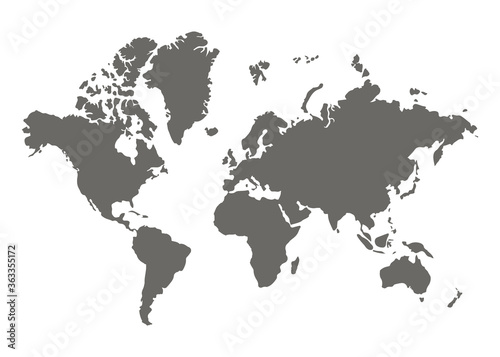 World map, grey silhouette. Flat Earth, globe, worldmap. Travel worldwide concept. Vector isolated on white background