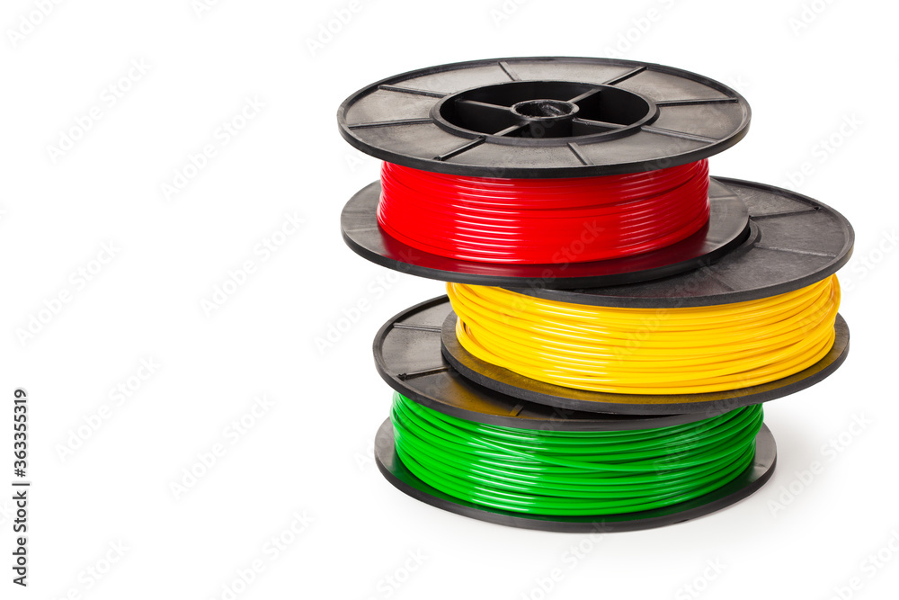 red, green, yellow filament for 3d printer isolated on white background - obrazy, fototapety, plakaty 