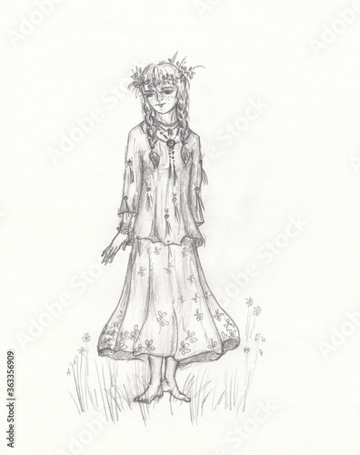 Girl with flower wreath on her head in ethnic style. Hand drawn pencil sketch