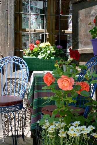 table and chairs with flowers in garden