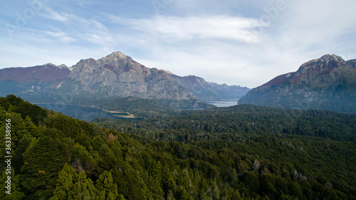 Forestry. Aerial view of the forest, lakes and mountain with a rocky peak. 