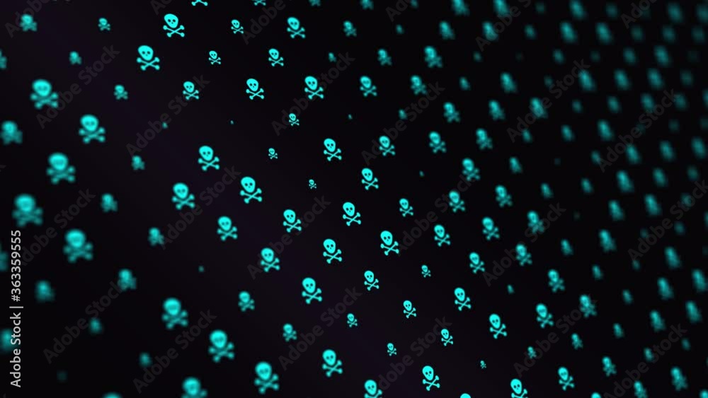 Neon skulls and bones on black background are changing size with motion Neon skulls and bones on black background are changing size with motion