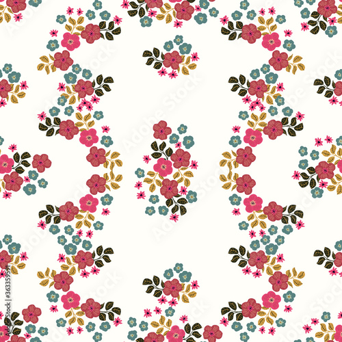 Seamless folk pattern in small wild flowers. Country style millefleurs. Floral meadow background for textile, wallpaper, pattern fills, covers, surface, print, gift wrap, scrapbooking, decoupage.