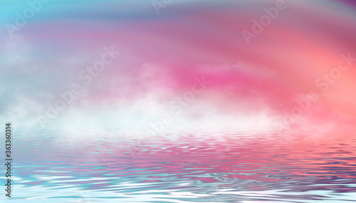 Reflection in the water, colorful sunset. Abstract futuristic background. Neon glow, reflection of tropical beach beach tent. 3d illustration © MiaStendal