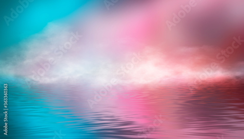 Reflection in the water, colorful sunset. Abstract futuristic background. Neon glow, reflection of tropical beach beach tent. 3d illustration