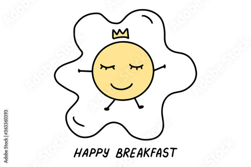 Cute Fried egg in Doodle style. Hand drawn lines cartoon scrambled egg. Concept of Breakfast food, omelet. Vector illustration.
