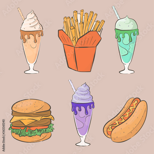 Set of illustrations of fast food: milkshakes, burger, hot dog, french fries.