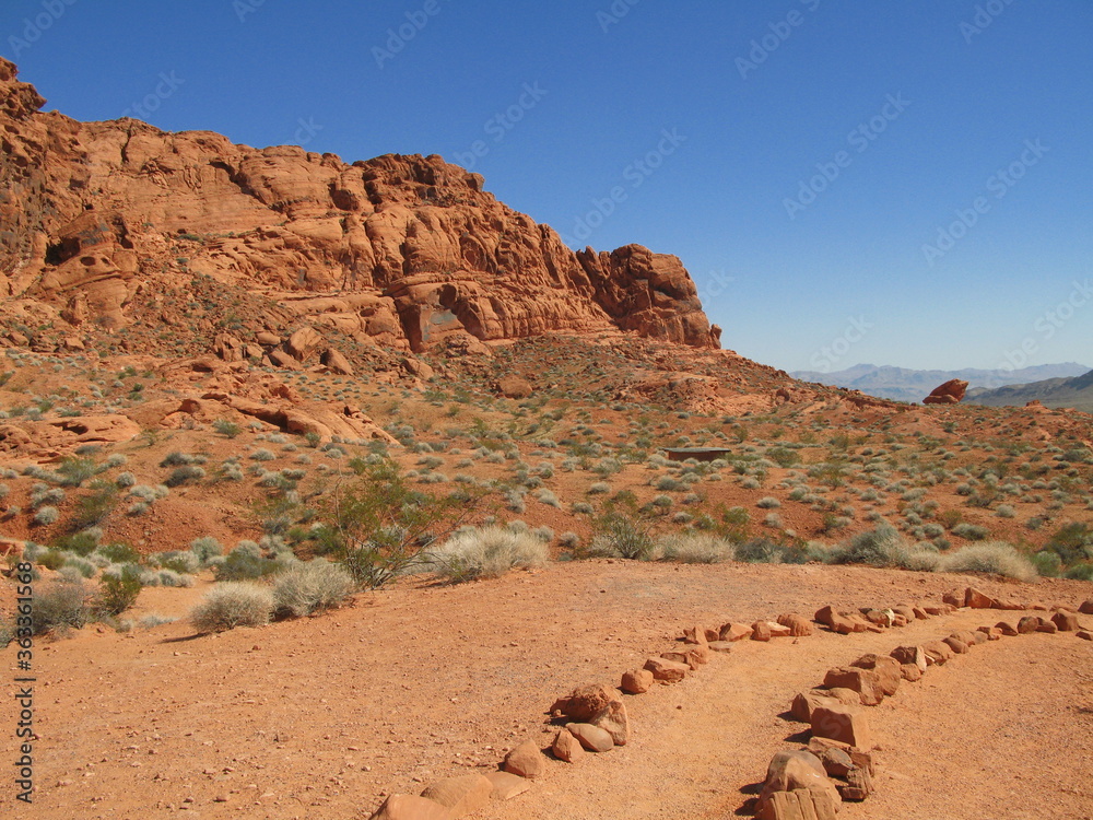 Landscape with red sandstone formations and walking trail, Valley of Fire State Park, Nevada, USA