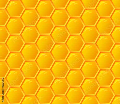 Orange seamless honey combs geometric pattern. Hexagonal texture honeycomb. Honeyed yellow grid. Vector illustration background
