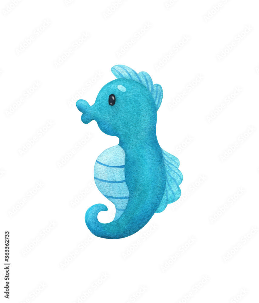 Obraz premium Blue seahorse. Cartoon image of a sea fish. Watercolor illustration isolated on a white background. Print in children's style.