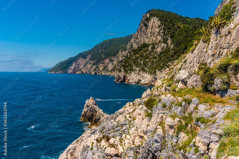 A view from the Church of Saint Peter in Porto Venere, Italy along the Cinque Terre coastline in the summertime
