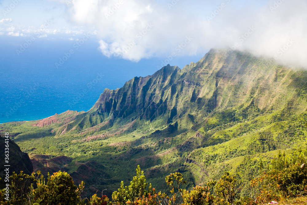 View of Na Pali headlands from the Kalalau Lookout, at the end of the Waimea Canyon road, Kauai, Hawaii.