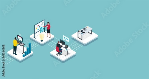 IT company professional roles infographic: finance management, project management, development, design, marketing and HR, isometric infographic