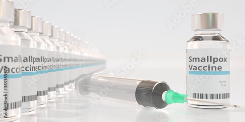 Vials with smallpox vaccine and syringe. 3D rendering