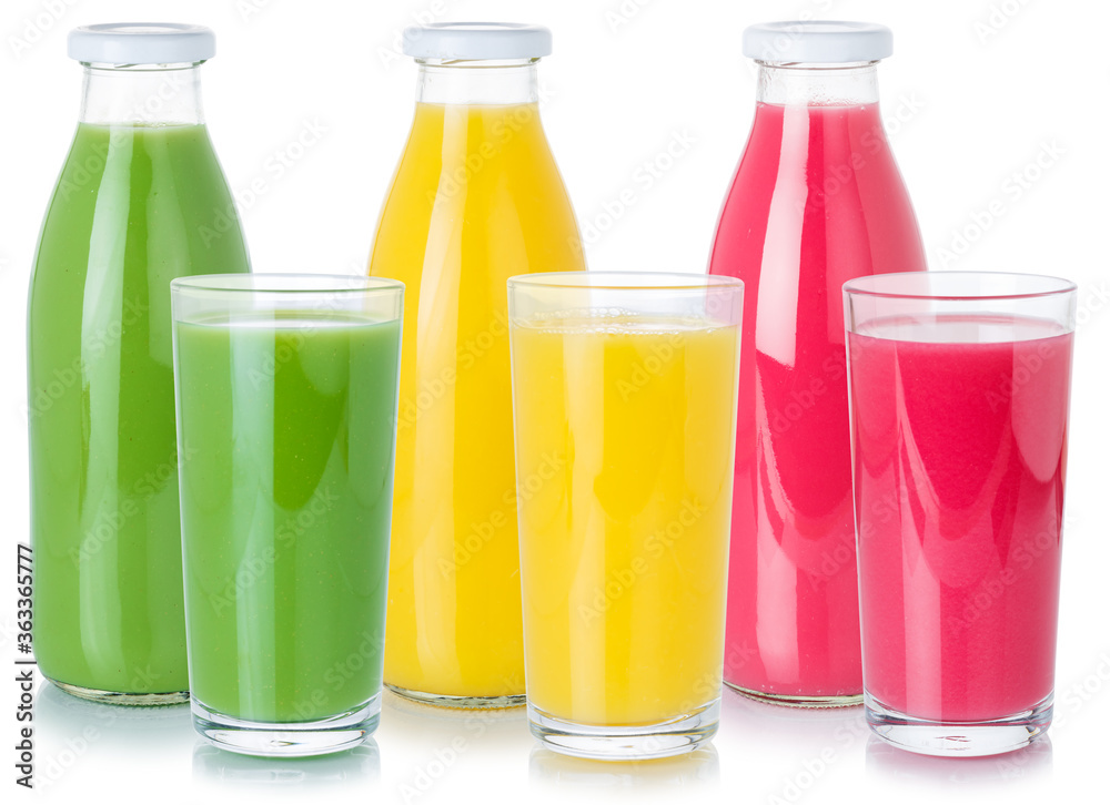 Fruit juice drink drinks orange smoothie in a bottle and glass isolated on white Fruit juice drink drinks orange smoothie in a bottle and glass isolated on white