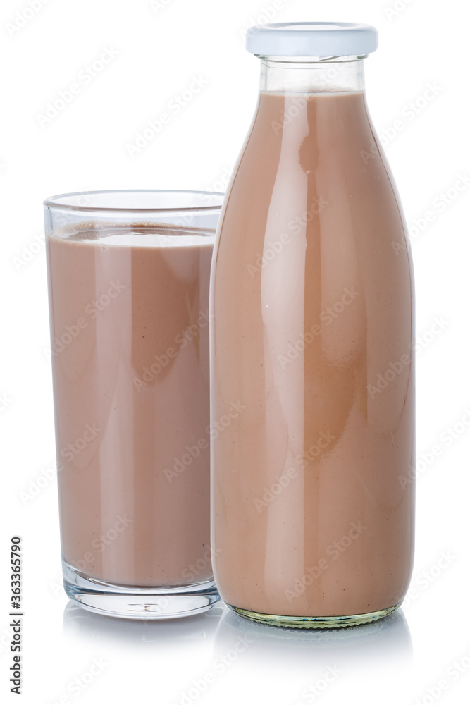 Chocolate milk drink shake milkshake glass and bottle isolated on white Chocolate milk drink shake milkshake glass and bottle isolated on white