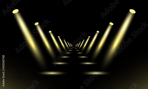 Podium, pedestal or platform illuminated by spotlights on black background. Stage with scenic lights. Vector illustration